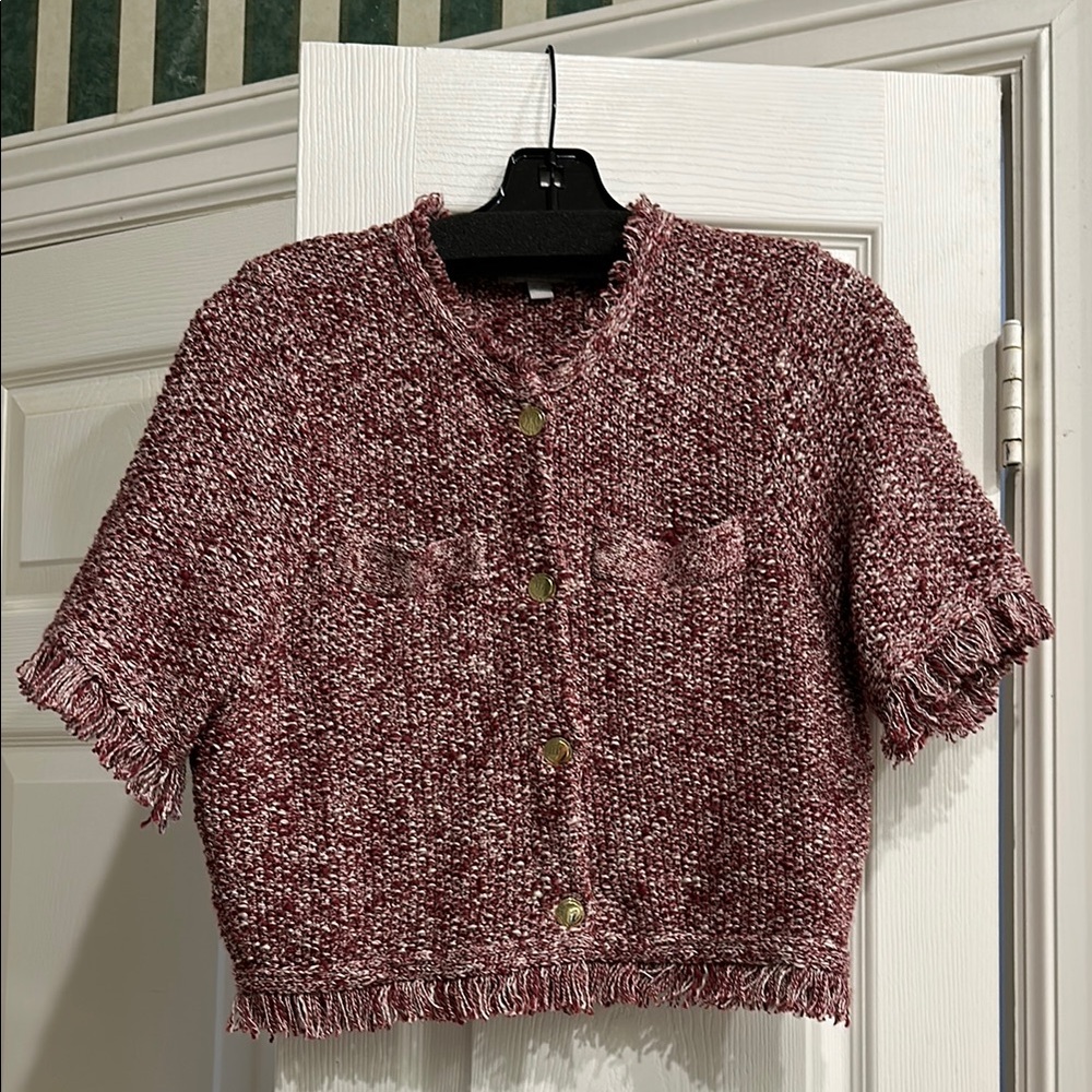 J. Crew burgundy Marled Short-Sleeve Fringe Cardigan jacket